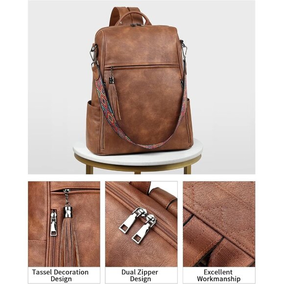 Women's Brown Retro Style Backpack Designer 15.6 inch PU Leather Laptop Bag - Picture 5 of 9